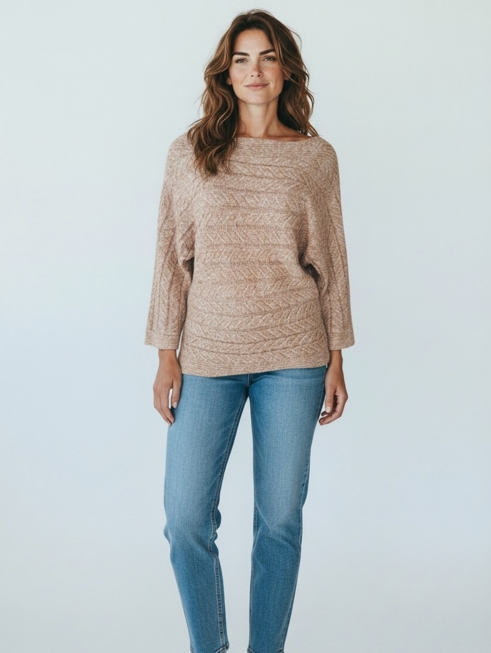 New York & Company Marled Knit Sweater Size Small Beige Boat Neck